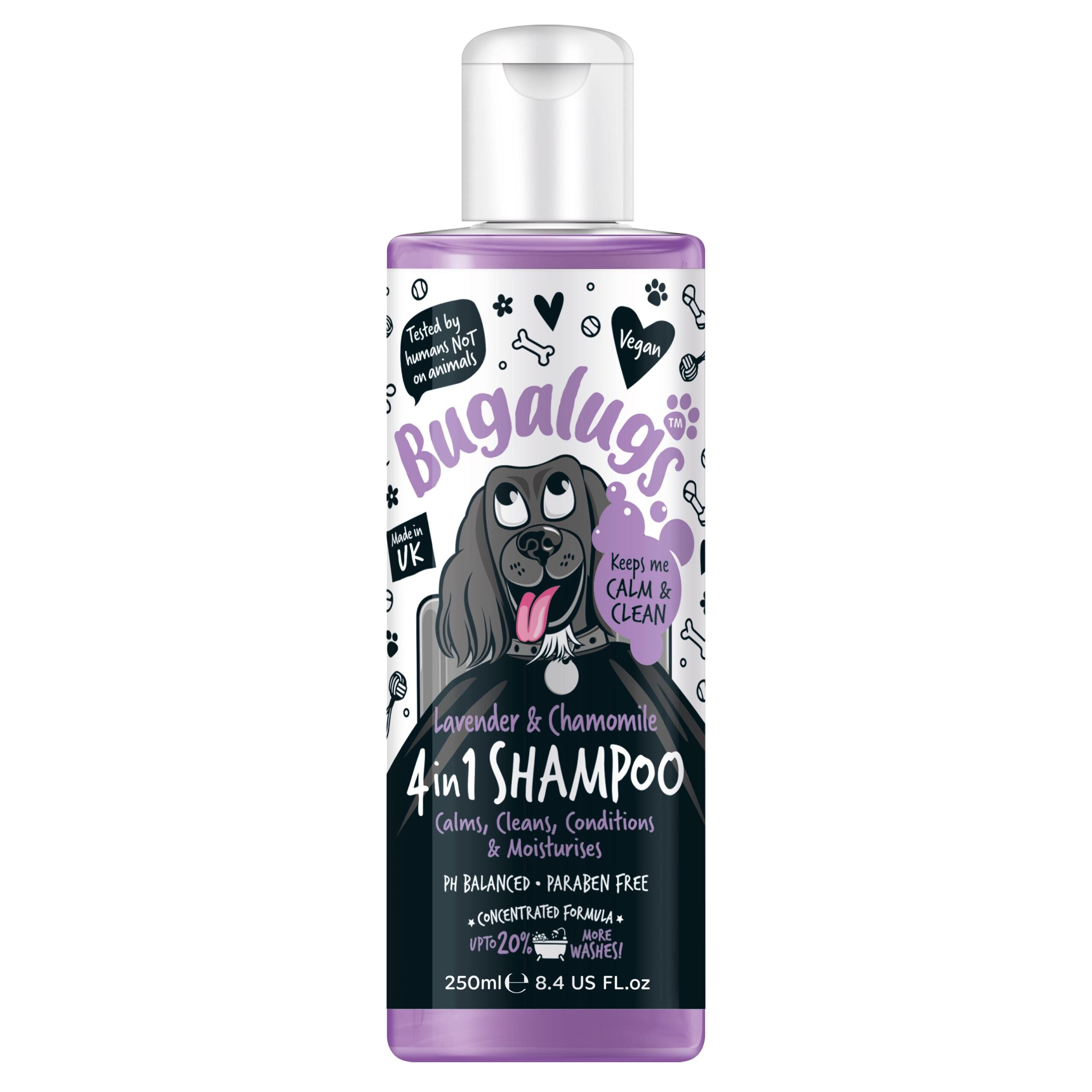 Bugalugs 4-in-1 lavender and chamomile dog shampoo 250ml UK made