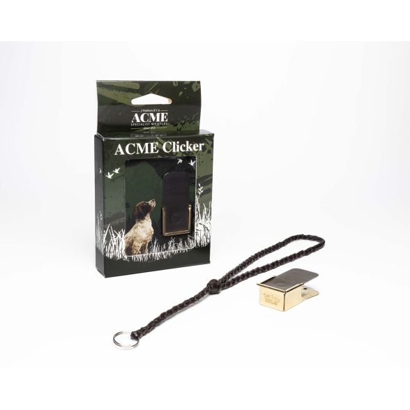 ACME polished brass dog clicker with leather lanyard