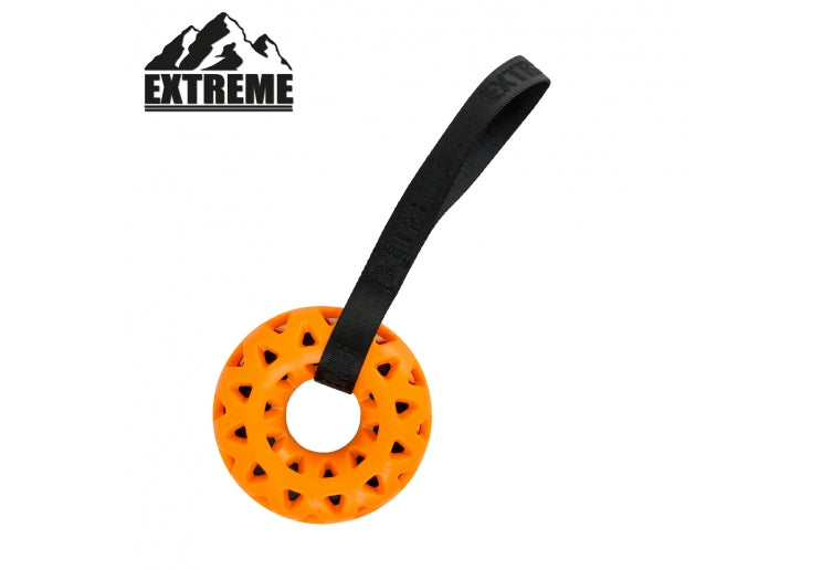 Ancol Extreme Floating Donut dog toy with throw strap buoyant rubber